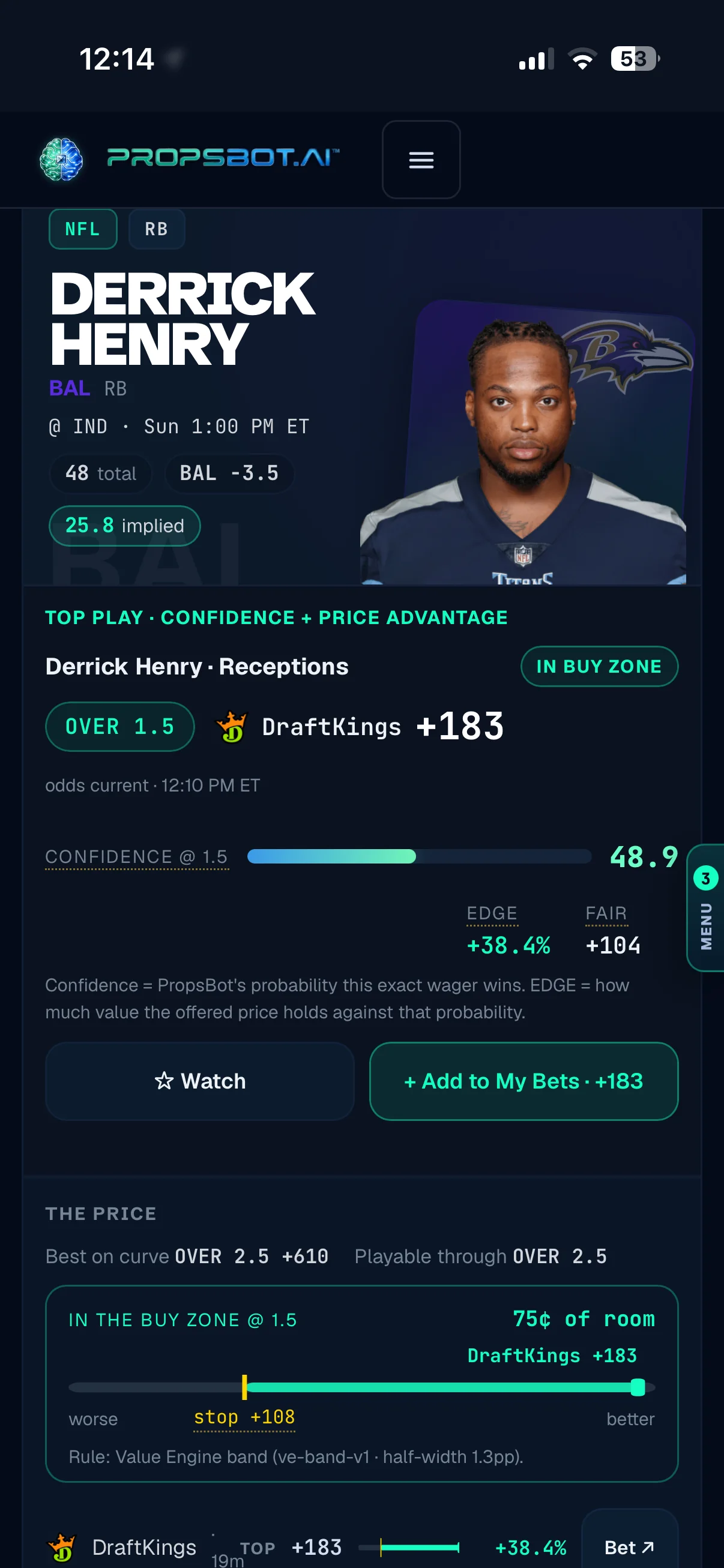 PropsBot mobile player-prop detail product preview
